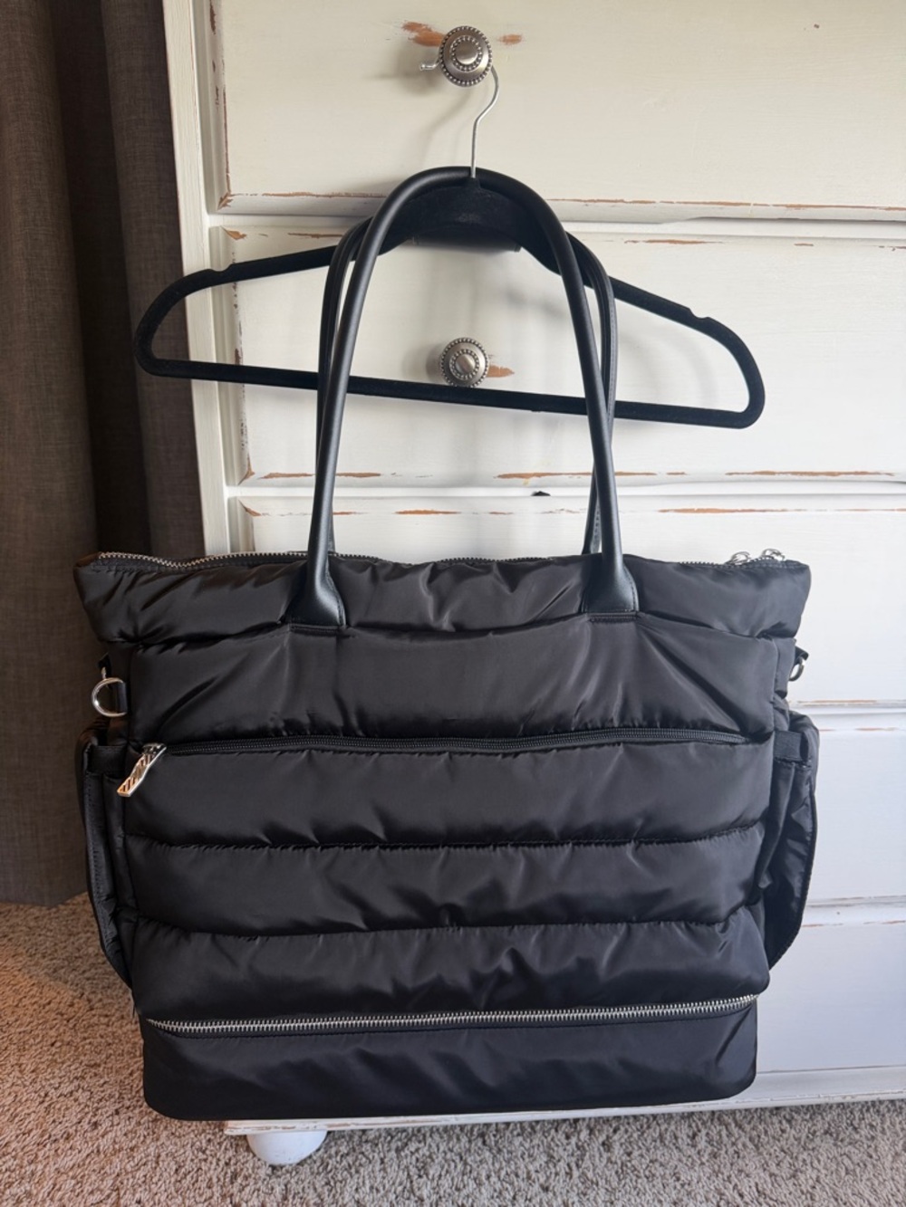Black Quilted Shoulder Tote Bag with Zip Accent